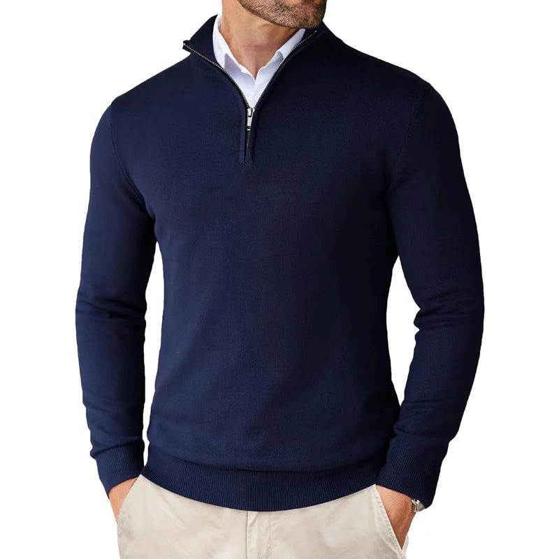 Suéter masculino com zíper de quarto, slim fit, leve, gola simulada, pulôver casual, meia gola alta, malha ao ar livre, streetwear