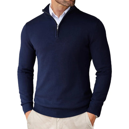 Suéter masculino com zíper de quarto, slim fit, leve, gola simulada, pulôver casual, meia gola alta, malha ao ar livre, streetwear