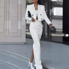 Primavera verão 2024 novo listrado fino ajuste terno moda feminina duplo breasted turn-down colarinho blazer cintura alta fenda saia terno