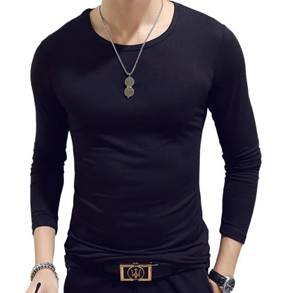 Camiseta masculina de manga comprida com estampa "Cultive a Moralidade" para a Primavera e o Outono, gola redonda, em poliéster liso, nas cores vermelho, azul e preto.