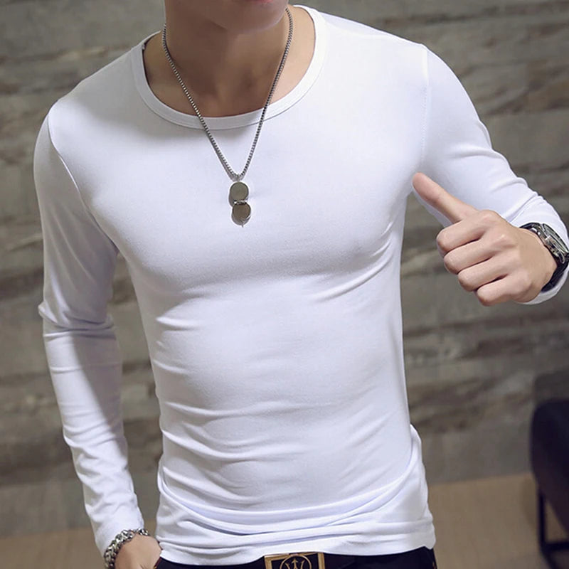 Camiseta masculina de manga comprida com estampa "Cultive a Moralidade" para a Primavera e o Outono, gola redonda, em poliéster liso, nas cores vermelho, azul e preto.