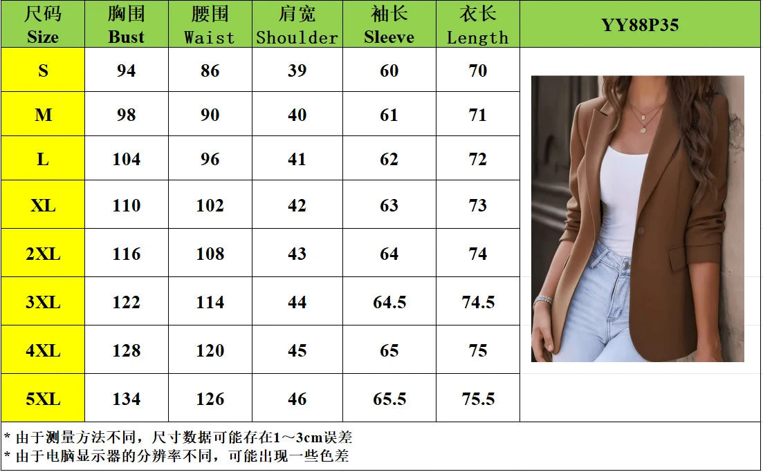 Blazer Feminino Slim de Um Botão com Lapela Entalhada e Manga Longa para Outono/Verão - Casaco Social para Trabalho YZFFS-YY88P35