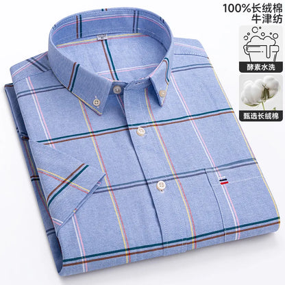 100% algodão puro oxford camisas masculinas manga curta xadrez macio regular ajuste formal vestido camisa blusa social roupas masculinas 6xl 7xl
