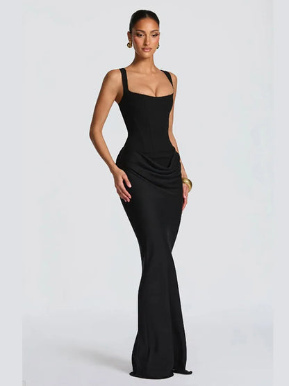 Vestido Maxi Elegante Liso com Decote Halter e Pregas, Decote V Profundo, Sem Mangas, Franzido, com Fenda Alta, para Mulheres,  Vestidos de Festa Noturna