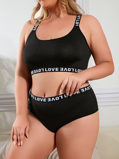 Conjunto de lingerie esportiva feminina plus size com sutiã sexy com detalhes de letras e costas cruzadas, conjunto de duas peças, roupa íntima confortável.