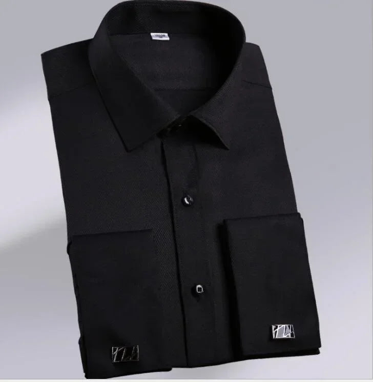 Quality French Cufflinks Shirt Men's Long Sleeve Tuxedo Male Brand Slim Fit White Button Cuff Social Men Dress Shirts