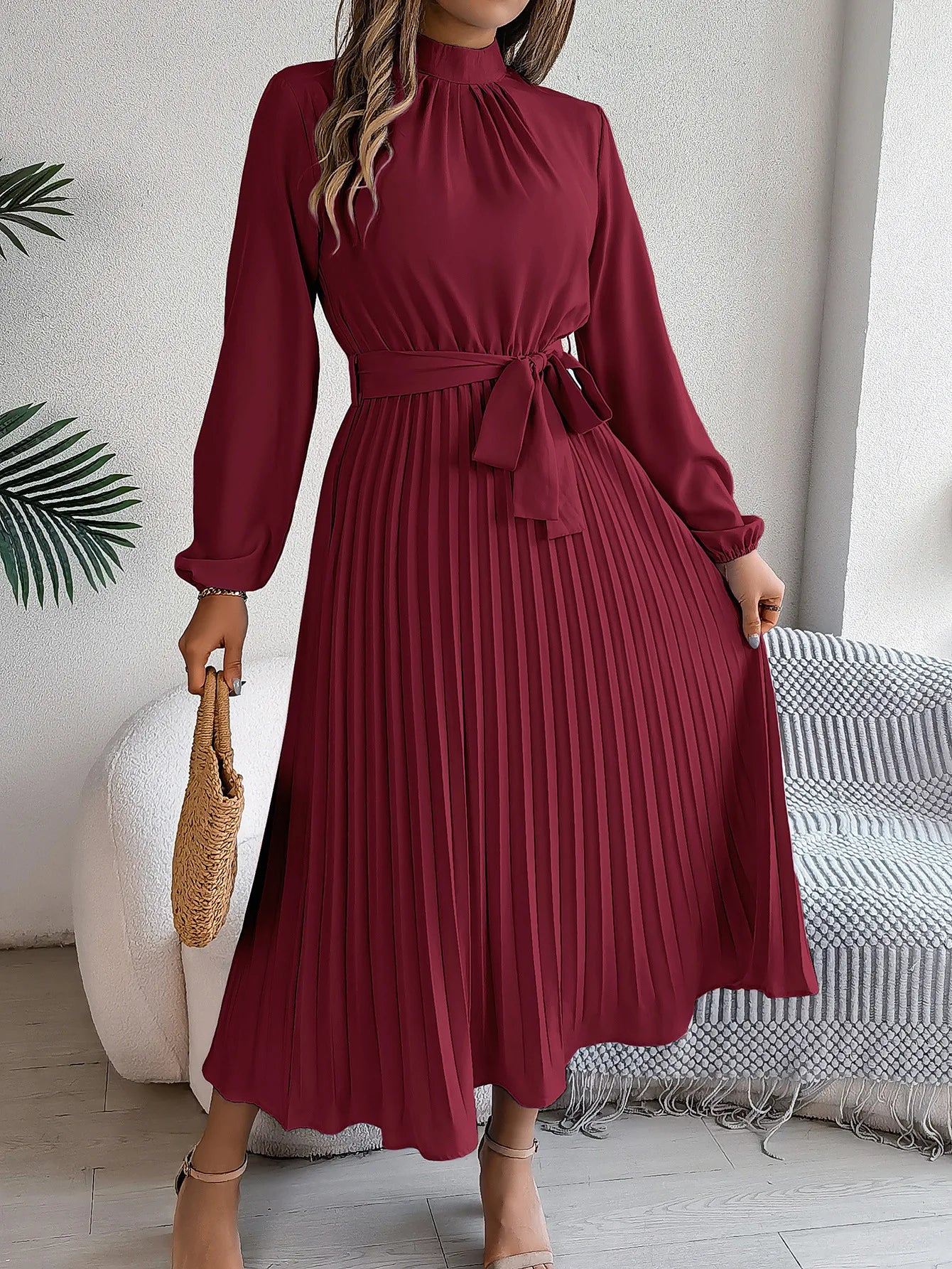 Solid Stand up Collar Bridesmaid Dress Spring Summer Casual Elegant Long Sleeve Waist Cinched Pleated Long Dresses for Women