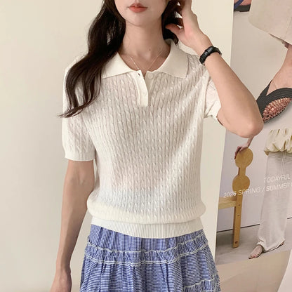 Camiseta Feminina de Algodão WinvyNee, Manga Curta, Azul Sólido, Ajuste Slim, Estilo Y2K, Gola Polo, Casual, Básica ZA1523009
