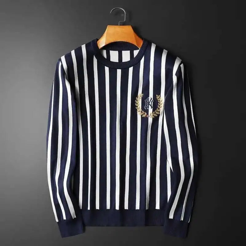 Suéter listrado de cor contrastante masculino, pulôver de manga comprida, estampa fina, camisa social, roupas de streetwear, outono