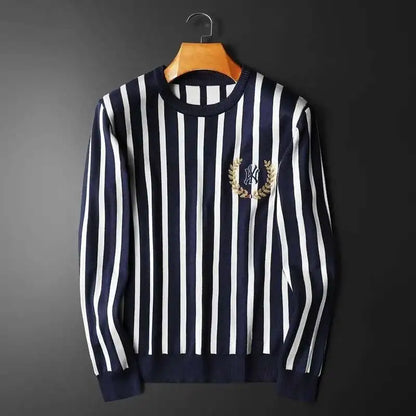 Suéter listrado de cor contrastante masculino, pulôver de manga comprida, estampa fina, camisa social, roupas de streetwear, outono