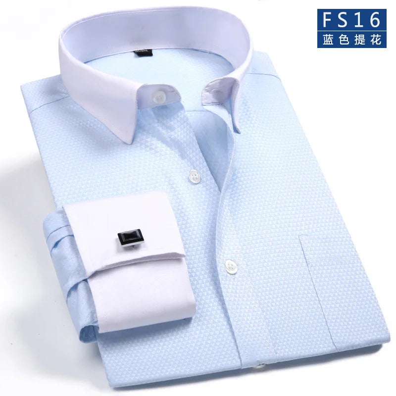 Camisa masculina clássica com punhos franceses, camisa social formal de negócios, ajuste padrão, manga longa, festa de casamento, escritório, trabalho, camisas brancas