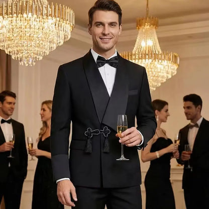 Terno Slim Fit Moderno Masculino com Gola Xale e Borlas, Conjunto de Casamento de Alta Qualidade para Noivos, Jaqueta e Calça de Duas Peças