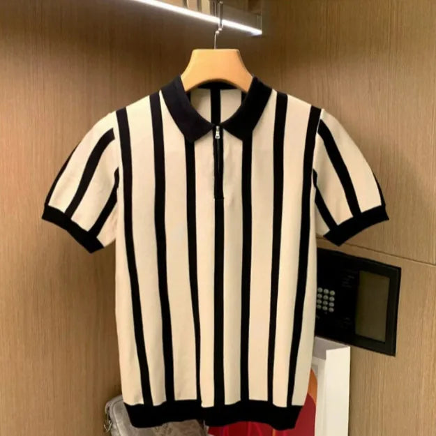 Camisa Polo Masculina de Seda Gelada com Zíper, Manga Curta, Ajuste Slim, Fina de Verão, Malha Fina, Estilo Casual, Padrão Listrado, Lavável à Máquina
