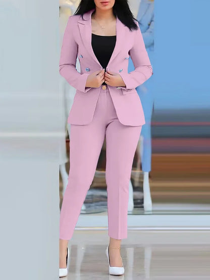 2Pcs Women's Solid Color Suit + Trousers Two-Piece Set Slim Fit Business Fashion Double Breasted Formal Female Clothes Outfit