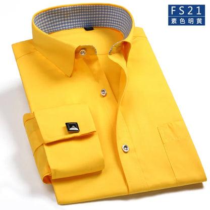 Camisa masculina clássica com punhos franceses, camisa social formal de negócios, ajuste padrão, manga longa, festa de casamento, escritório, trabalho, camisas brancas