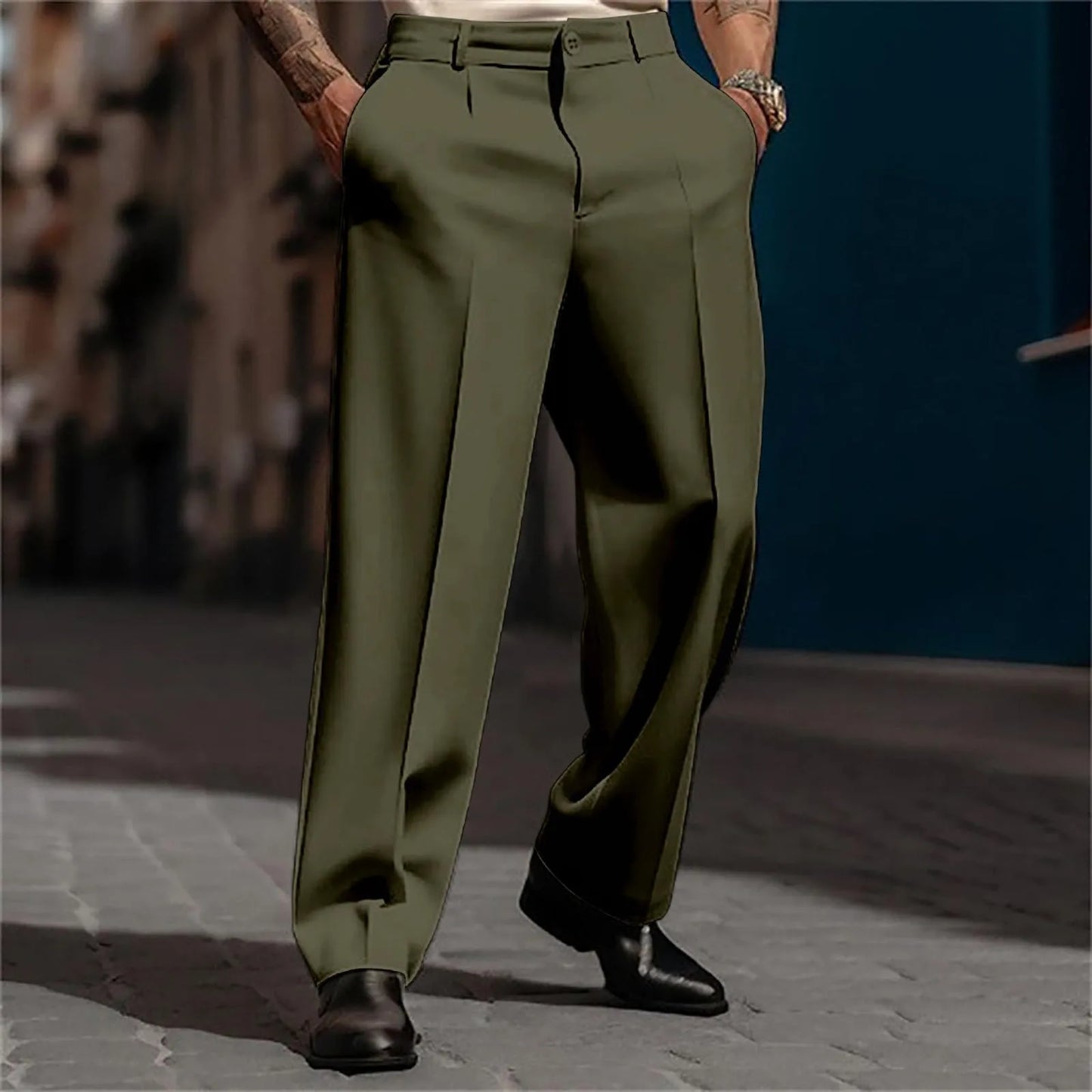 Calças de terno masculino moda perna reta respirável calças casuais cor pura bolso uso diário ajuste confortável