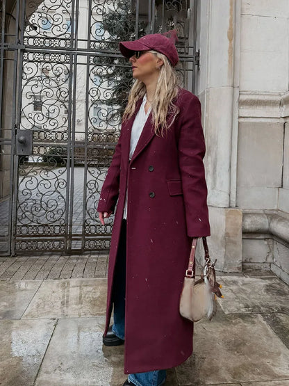 Casaco comprido feminino HH de lã, casual, para outono/inverno, com gola dobrável, mangas compridas, bolsos e abotoamento duplo.