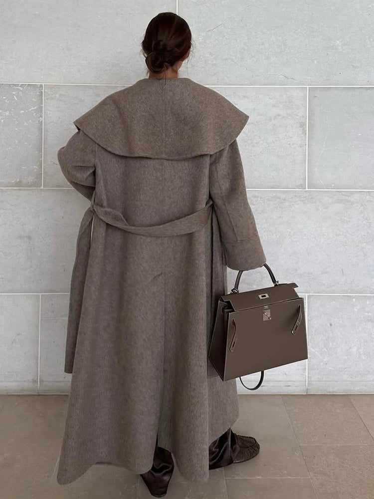 Casaco de Lã Elegante com Gola Marinho e Amarração, Decote em V, Manga Longa, Bolso, Sobretudo Feminino para Primavera 2026