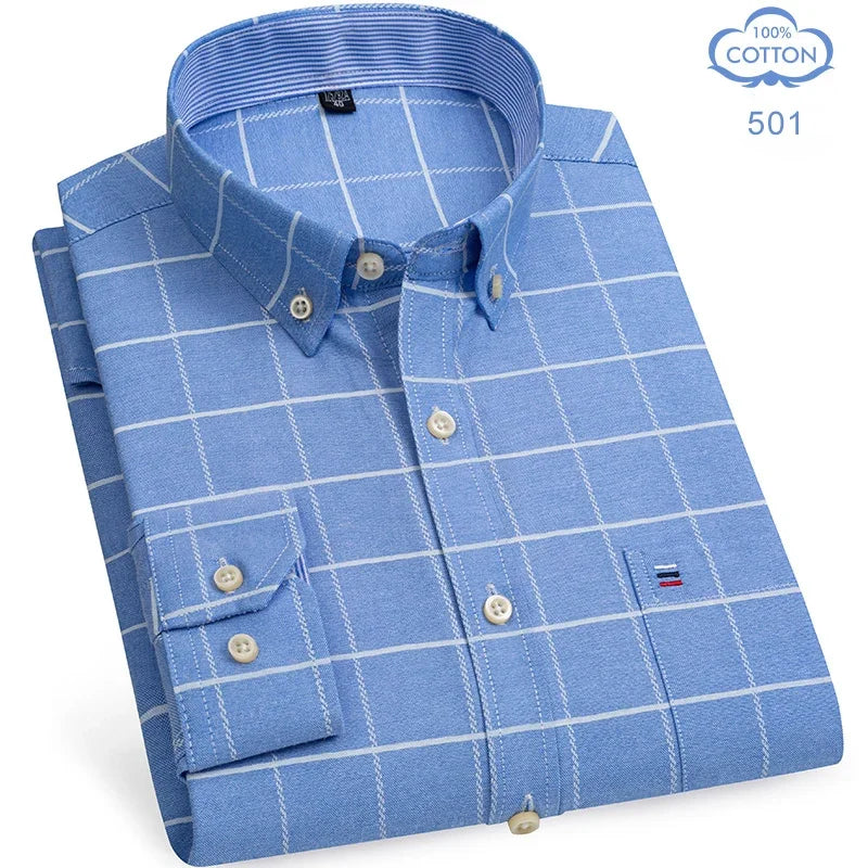 2025 camisa social masculina puro algodão oxford marca de luxo fino macio abotoado xadrez formal trabalho roupas ocidentais