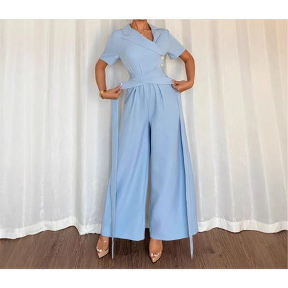 Macacão Feminino Azul Elegante 2026 Primavera Verão com Cinto na Cintura, Ajuste Fino, Estilo Casual, Manga Três Quartos, Calça Conjugada