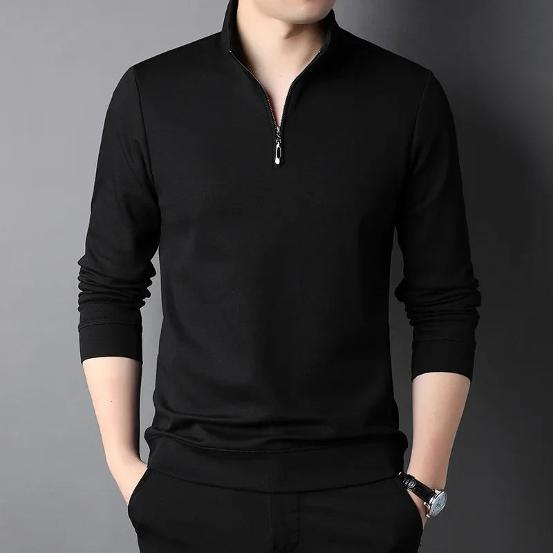primavera e outono pulôver masculino gola zíper sólido manga longa camiseta alta pescoço polo inferior moda casual topos