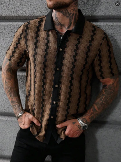 Camisa Clássica de Malha com Listras Xadrez para Homens, Manga Curta, Botão Frontal, Colarinho Tradicional, Estilo Vintage, Ajuste Slim
