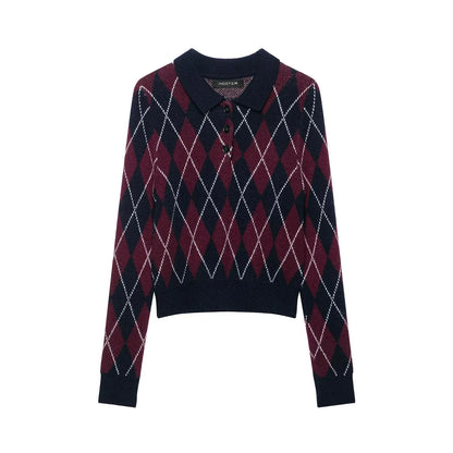 Suéter Feminino de Tricô Argyle para Outono/Inverno, Pulôver Casual Quente com Botões e Manga Longa