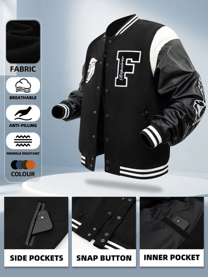 Jaqueta Casual Feminina Estilo Varsity, Casaco Letterman de Beisebol, Roupa de Rua com Bordado Fino e Mangas de Couro Sintético
