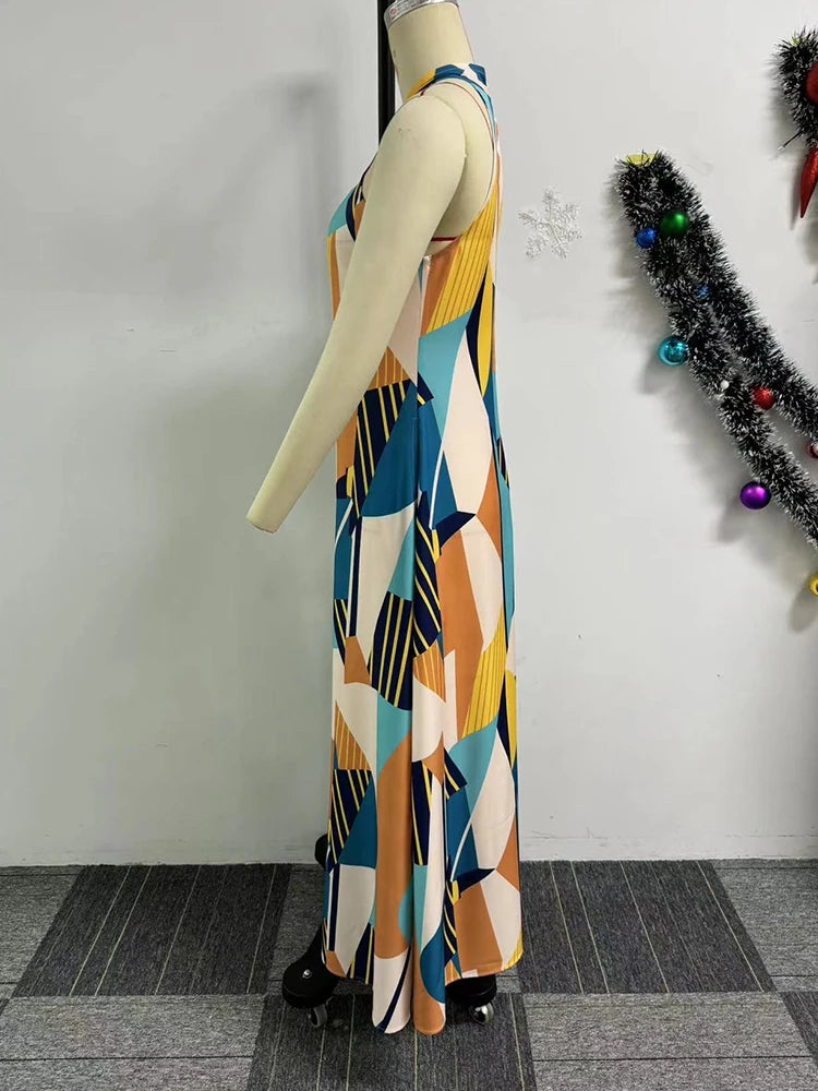 Vestido reto feminino elegante e sexy, sem mangas, longo, estampado, para praia, com decote halter, ideal para o verão. Atacado e dropshipping.