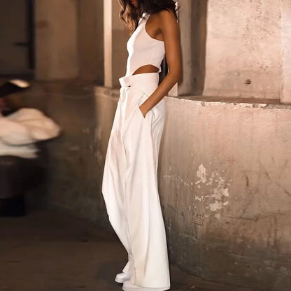 Estilo de design chique oco para fora macacões brancos sexy magro cintura alta perna larga playsuits elegante o colarinho sem mangas bolso macacão