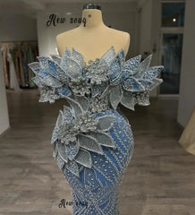 Luxuosos Vestidos de Baile Novos, Vestido Sereia Azul Ombro a Ombro Personalizado Dubai com Renda 3D de Folhas, Vestidos de Convidada de Casamento e Noivado