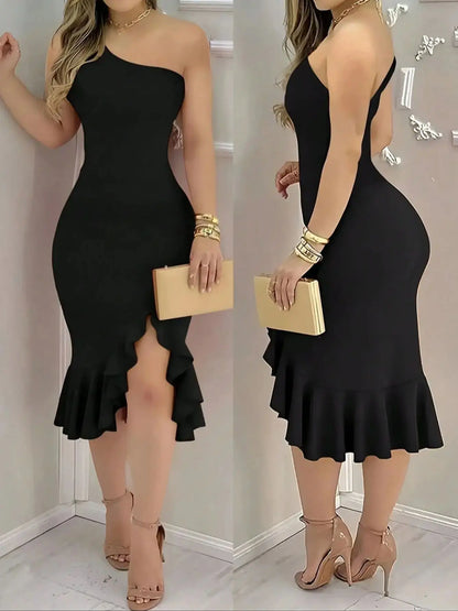 Vestido Feminino Elegante e Sexy de Cor Sólida para Primavera/Outono, com Ombro a Ombro, Costas Nuas, Babados, Bainha Assimétrica e Fenda Baixa