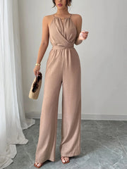 Feminino primavera/verão casual tecido plissado halterneck frisado cintura botão e gravata design maxi macacão