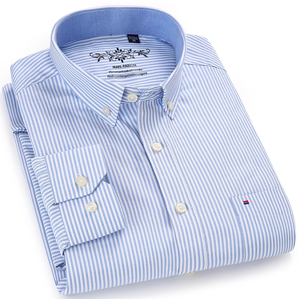 Camisa masculina de manga comprida oxford com botão no peito esquerdo confortável outono inverno ajuste regular casual versátil moda