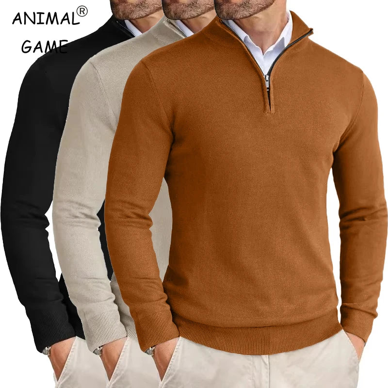 Suéter masculino com zíper de quarto, slim fit, leve, pulôver ao ar livre, gola simulada, meia gola alta, malha, streetwear