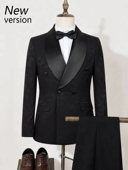 Conjunto de Terno Masculino de Luxo Preto de 2 Peças com Gola Xale e Abotoamento Duplo, para Festa, Negócios, Casual, Traje de Noivo, Padrão Jacquard