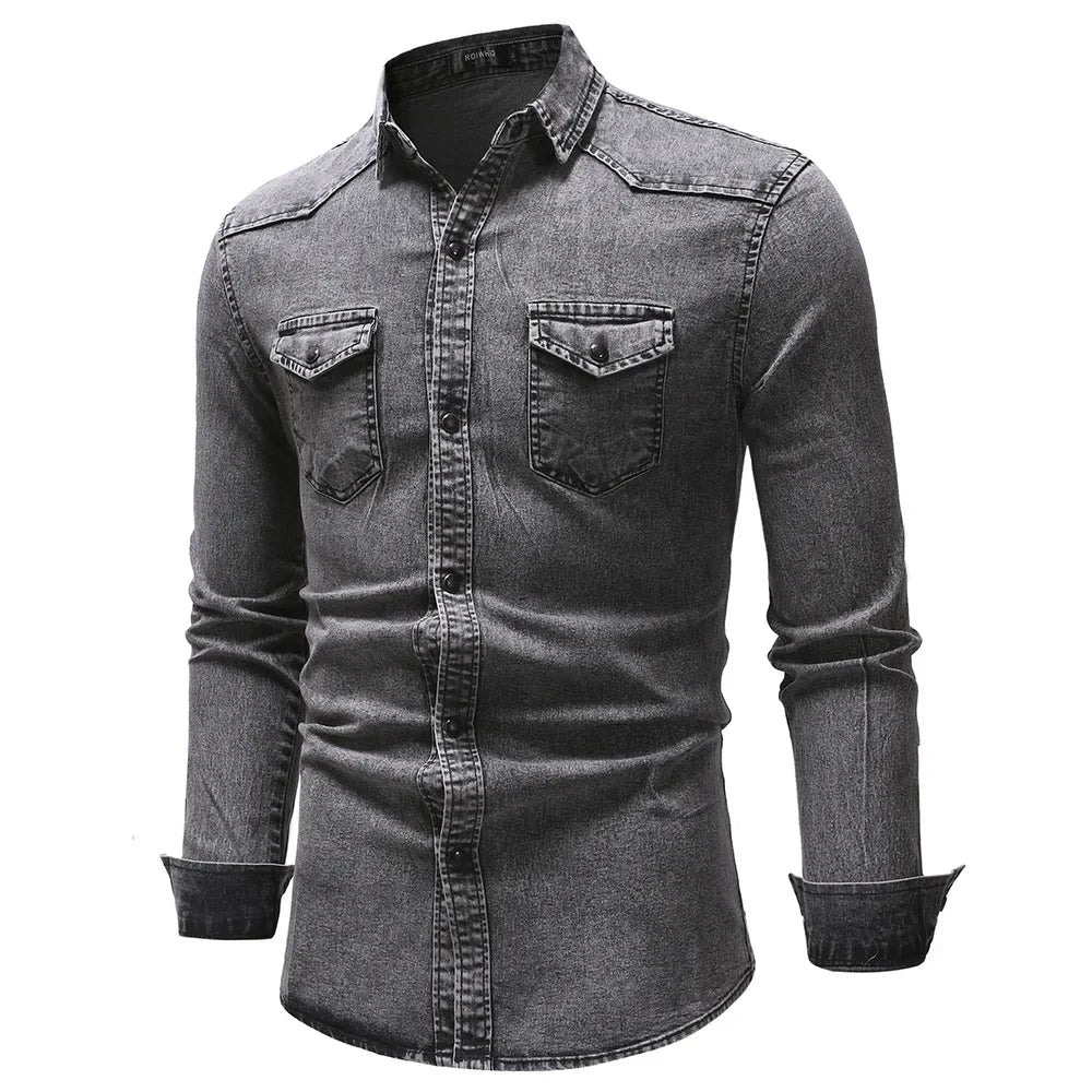 Camisa Jeans Vintage Masculina KIDWHXR com Gola Dobrável, Manga Longa, Slim, Casual, Estilo Cargo, com Botões