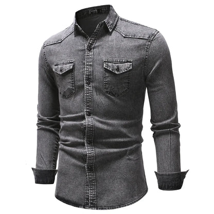 Camisa Jeans Vintage Masculina KIDWHXR com Gola Dobrável, Manga Longa, Slim, Casual, Estilo Cargo, com Botões