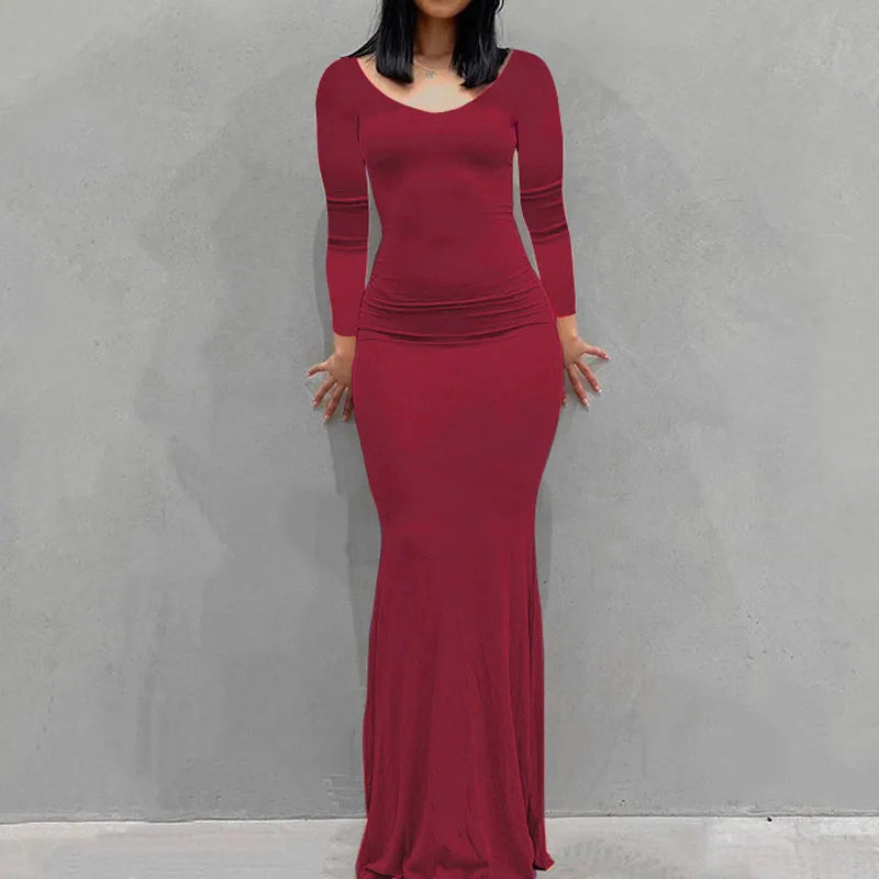Novo vestido feminino longo, casual, justo, de manga comprida, para usar em casa