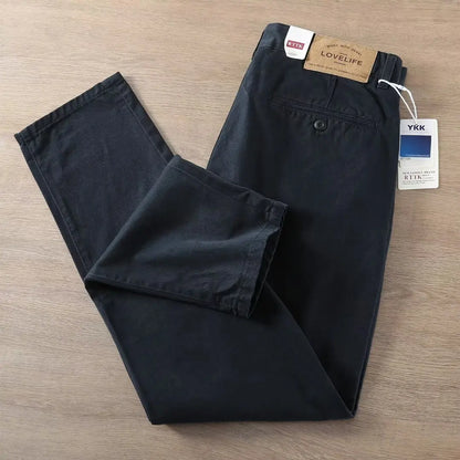 Novo 2026men primavera e outono retro conforto calças retas calças lavadas macacão 100% algodão moda solta calças casuais masculino