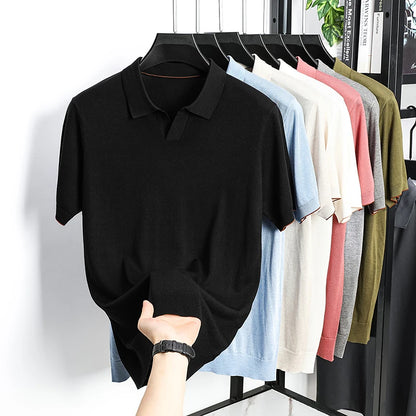 100% Lyocell malhas 2025 homens primavera verão na moda turn down collar malha camisetas manga curta respirável malha topos