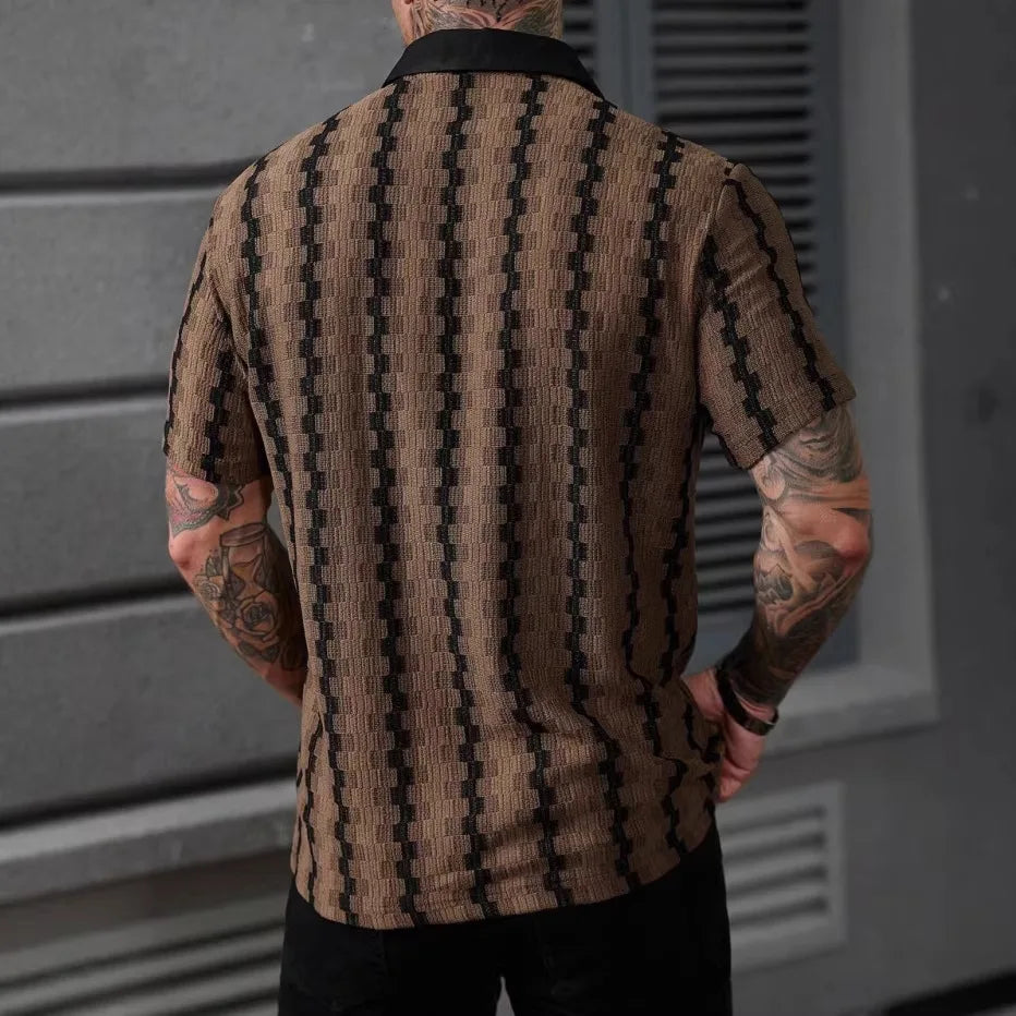 Camisa Clássica de Malha com Listras Xadrez para Homens, Manga Curta, Botão Frontal, Colarinho Tradicional, Estilo Vintage, Ajuste Slim