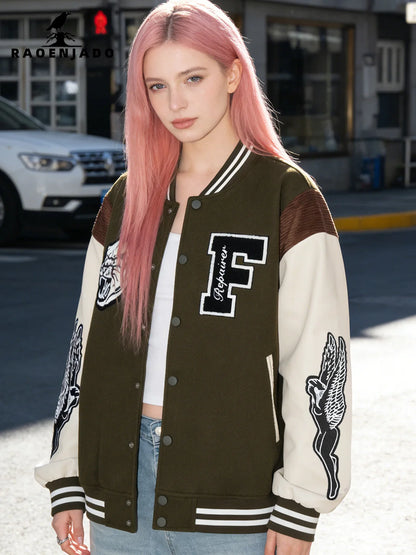 Jaqueta Casual Feminina Estilo Varsity, Casaco Letterman de Beisebol, Roupa de Rua com Bordado Fino e Mangas de Couro Sintético