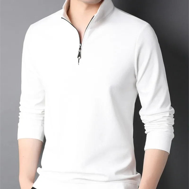 2023 primavera e outono pulôver masculino gola zíper sólido manga longa camiseta alta pescoço polo inferior moda casual topos