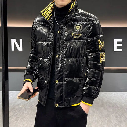 Novo casaco de moda brilhante, estilo europeu, bordado, masculino, com gola alta, acolchoado com algodão, grosso e quente.