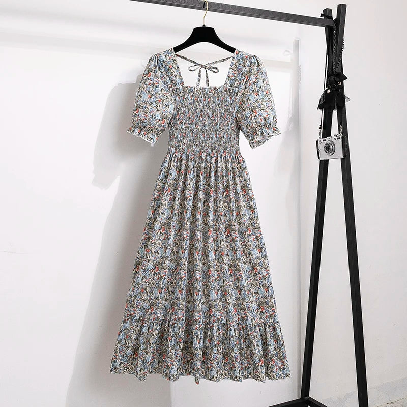 Verão plissado mulheres vestidos de chiffon casual praia férias manga curta gola quadrada mulher midi vestido boêmio mujer vestidos