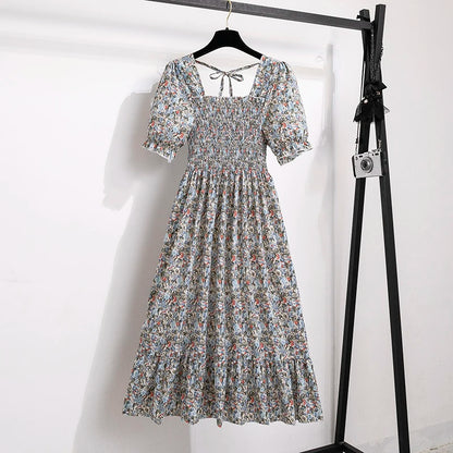 Verão plissado mulheres vestidos de chiffon casual praia férias manga curta gola quadrada mulher midi vestido boêmio mujer vestidos