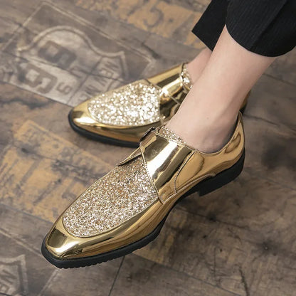 Sapatos masculinos casuais verão brilho ouro vestido de couro patente para homens mocassins de ouro negócios apontou bussiness luxo