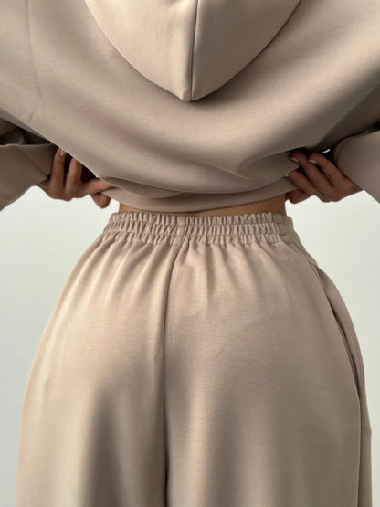 Conjuntos de Calças Casuais para Mulheres, Estilo Esportivo, Moletom Curto com Capuz, Calças de Cintura Alta, Conjunto de Duas Peças, Moda de Rua Feminina