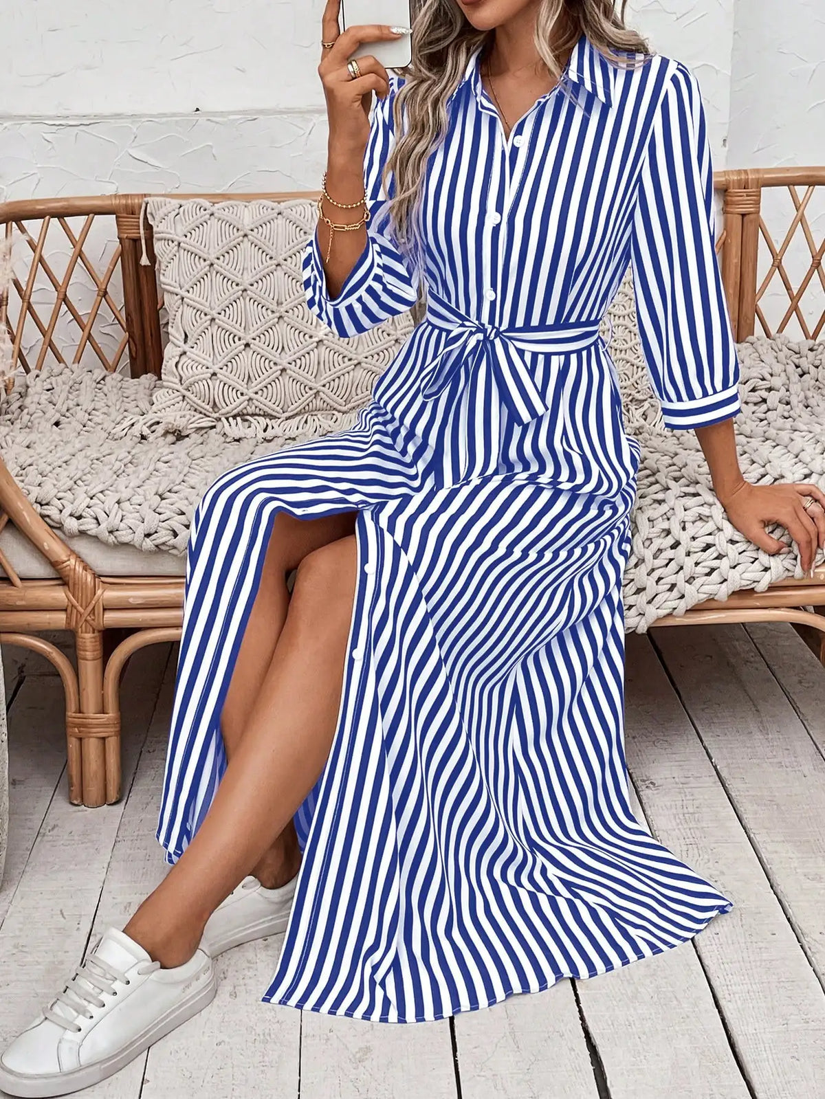 Vestido Casual Elegante com Estampa Listrada para Mulheres, Vestido Fashion e Moderno para Todas as Estações